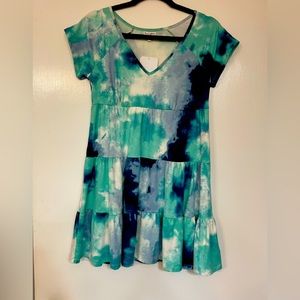 Multi colored dress with greens and blues, v -neck, short sleeve. Easy care.